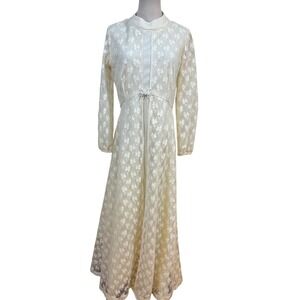 Vtg 70s Toni Todd Wedding Dress sz L Cream Shamrock‎ Lace Maxi Long sleeve boho